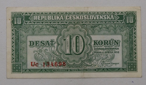 10 kčs 1950 - Uc -  neperforovaná