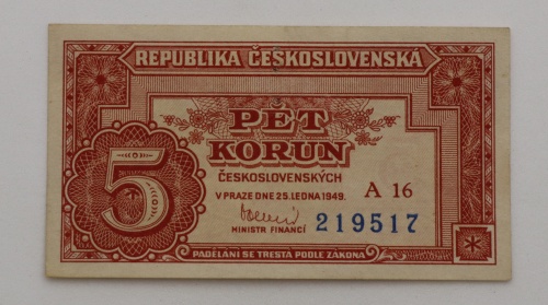 5 kčs 1949 - A16  - perforovaná