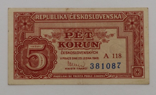 5 kčs 1949 - A118  - neperforovaná