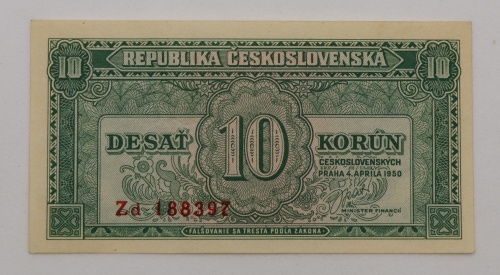 10 kčs 1950 - Zd -  neperforovaná