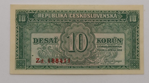 10 kčs 1950 - Zd -  neperforovaná