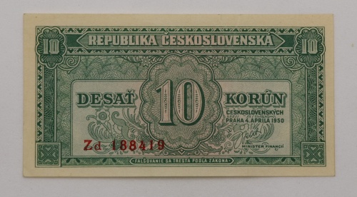 10 kčs 1950 - Zd -  neperforovaná