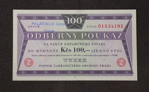 Odběrní poukázka - 100 Kčs - TUZEX - 1973 - PALATINUS - zahraniční - vzácné !!!