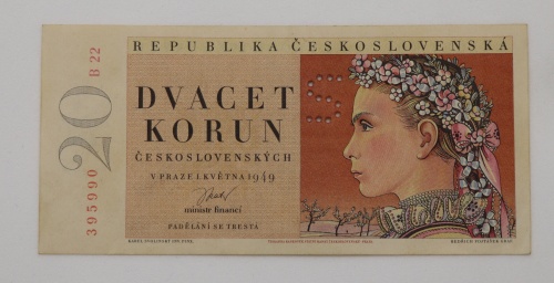 20 Kčs 1949 -B22  perforovaná - písmeno S